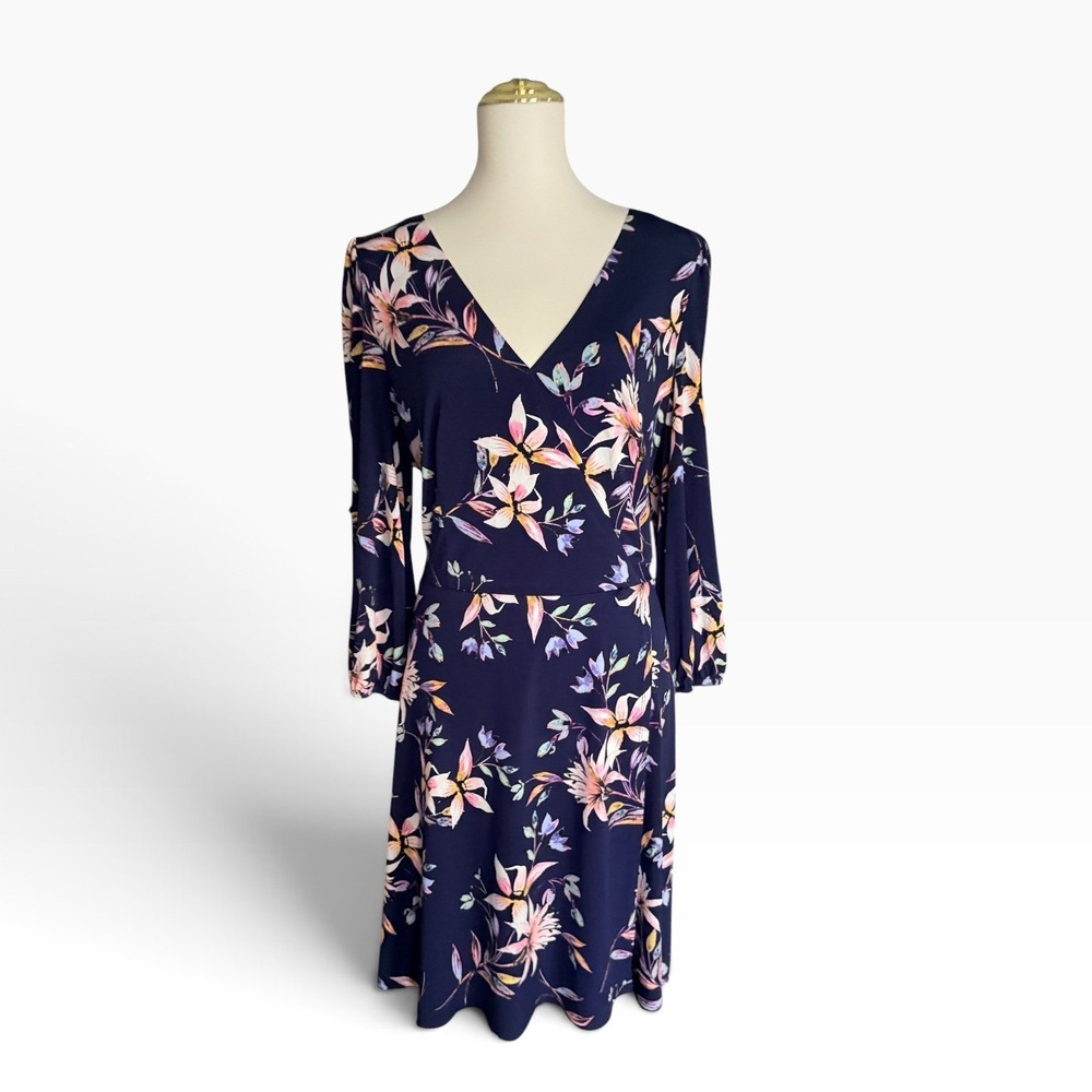 Eliza J Size 18 Navy Floral Faux Wrap Cocktail Occasion Dress Wedding Office